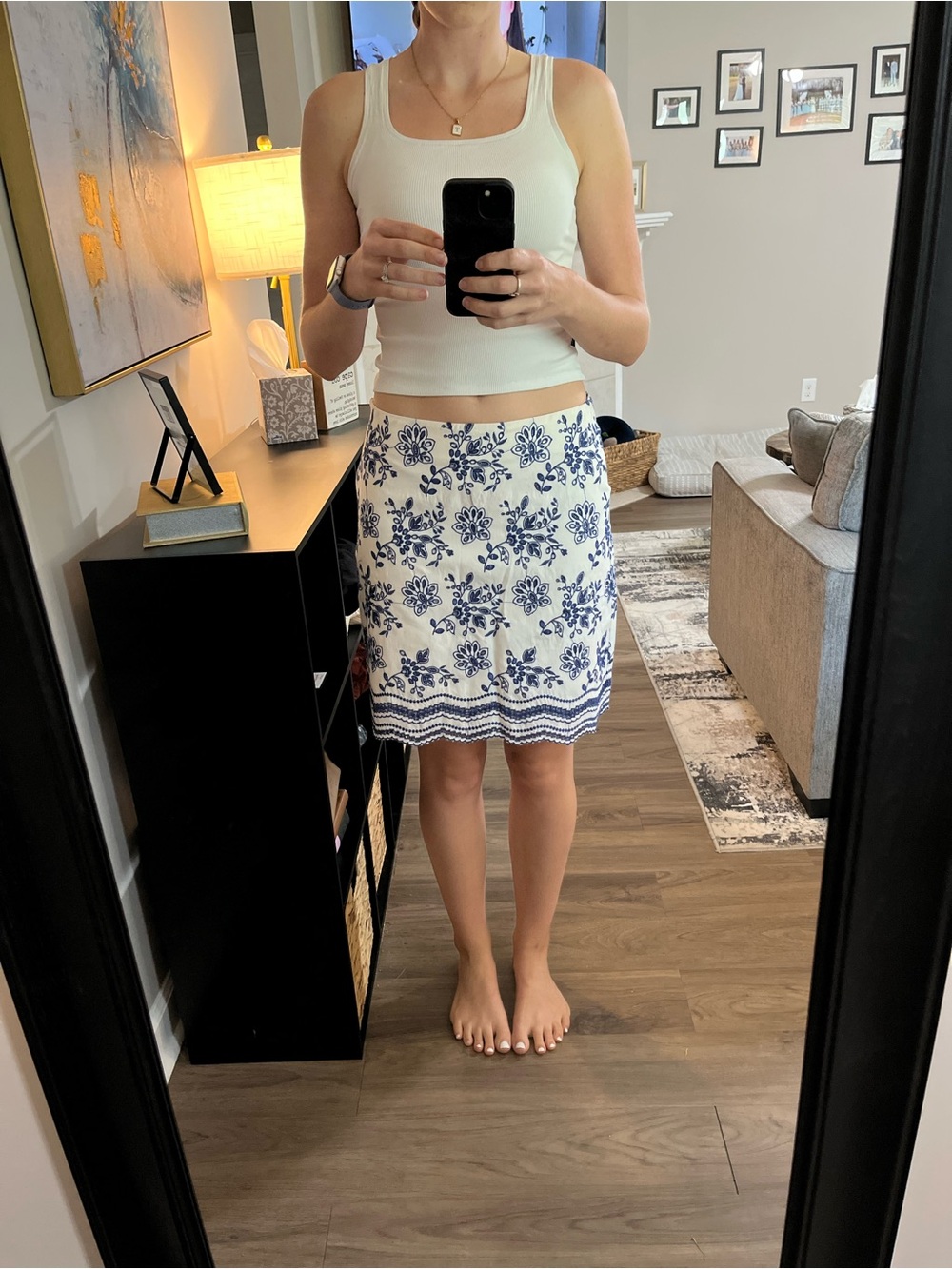 LOFT White Skirt with Blue Floral Embroidery